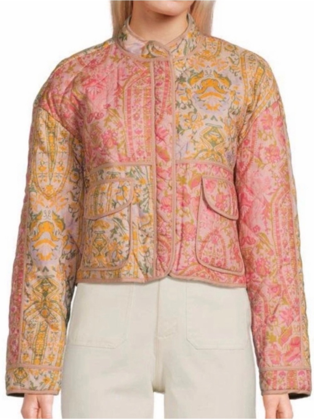 7 For All Mankind Pink and Gold Floral Quilted Crop Jacket
